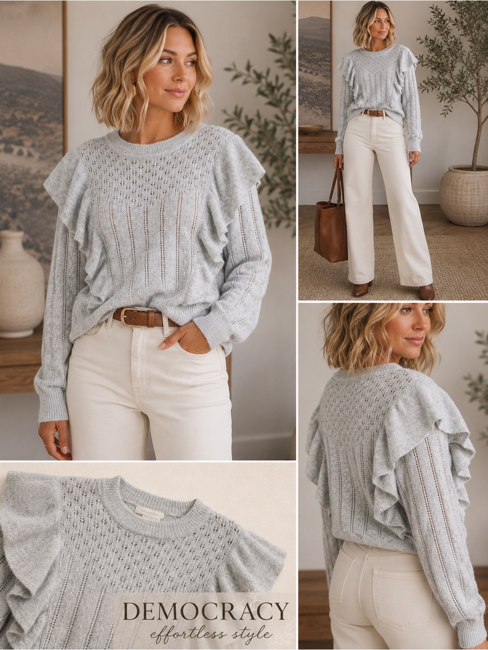 Treasure & Bond Light Gray Ruffle Cable Knit Crewneck Sweater